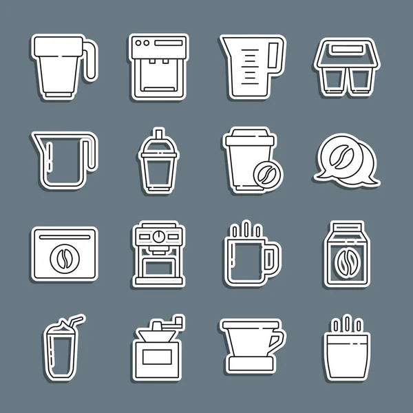 Definir linha xícara de café, grãos de café Bag, e conversa, jarro de vidro com água, para ir, panela, e ícone. Vetor —  Vetores de Stock