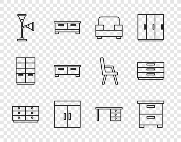 Set line Commode, Table de chevet pour meubles, Fauteuil, Armoire, Lampadaire, Bureau et icône. Vecteur — Image vectorielle