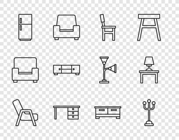 Установка линии кресло, ларек, стул, стол офиса, холодильник, ящик ящиков, и настольная лампа на иконке стола. Вектор