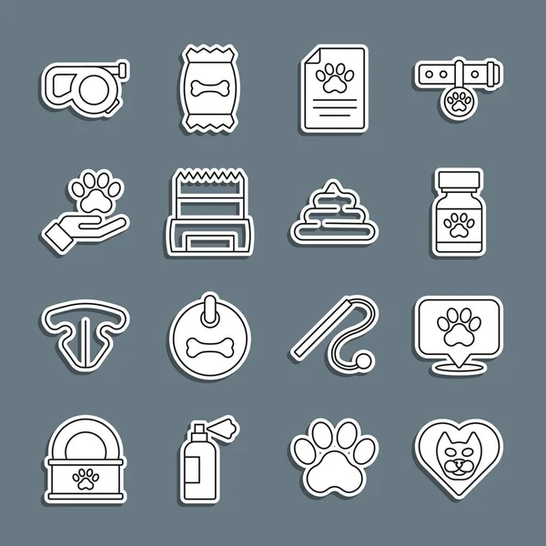 Set line Heart with cat, Location veterinary hospital, Medicine bottle and pills, Clinical record pet, Dog shit bag, Hands animals footprint, Retractable leash and Shit icon. Vector — стоковый вектор