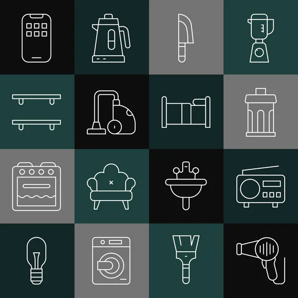 Definir linha Secador de cabelo, Rádio, Lixeira, Faca, Aspirador de pó, Prateleiras de madeira vazias, Aplicativos móveis e ícone de cama. Vetor — Vetor de Stock