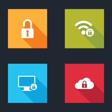 Açık asma kilit, Wifi kilitlendi, monitöre kilitlendi ve Cloud bilgisayar simgesi oluşturuldu. Vektör