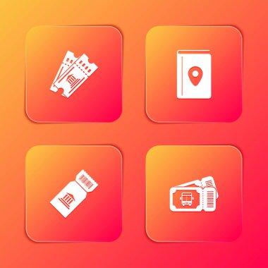 Müze bileti, kapak kitabı seyahat rehberi ve otobüs simgesi ayarla. Vektör