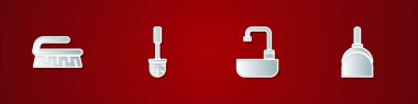 Temizlik için fırça, tuvalet fırçası, çeşmeli lavabo ve faraş ikonu hazırla. Vektör
