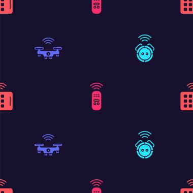 Robot elektrik süpürgesini, akıllı dronu, uzaktan kumandayı ve kablosuz tableti dikişsiz desen üzerine ayarla. Vektör
