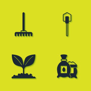 Bahçe tırmığı, bitki tohumu dolu bir paket, bitki ve kürek ikonu. Vektör