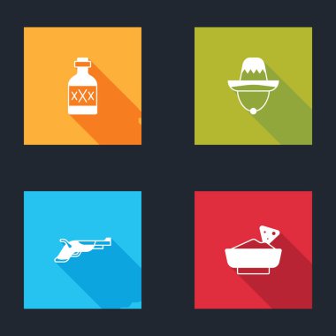 Tekila şişesi, Meksika sombrerosu, antika tabancalar ve Nachos kasesi ikonu. Vektör