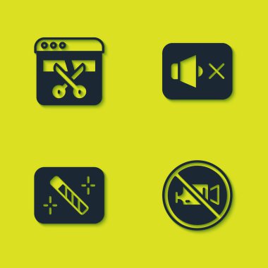 Video kaydedici ya da düzenleyiciyi ayarla, Yasaklama video kaydı yok, Fotoğraf rötuşlama ve Hoparlör sessiz simgesi. Vektör