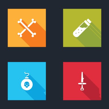 Çapraz insan kemikleri, iksirle şişe, patlamaya hazır bomba ve hançer ikonu. Vektör