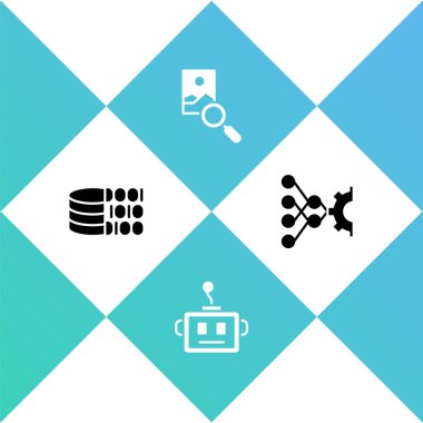 İkili kod, yapay zeka robotu, fotoğraf rötuşlama ve sinirsel ağ simgesini ayarla. Vektör