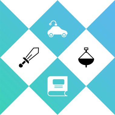 Kılıç oyuncağı, kitap, radyo kontrollü araba ve girdap simgesini ayarla. Vektör