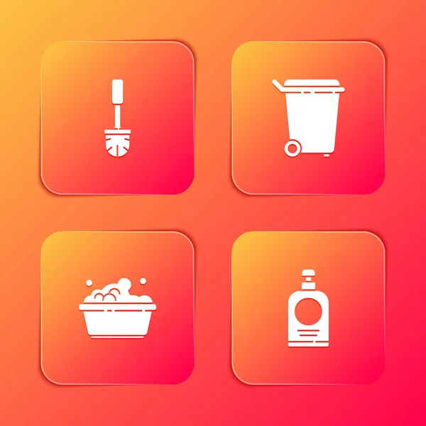 Set Toilettenbürste, Mülleimer, Plastikbecken mit Seifenlauge und Flaschensymbol für Händedesinfektionsmittel. Vektor — Stockvektor