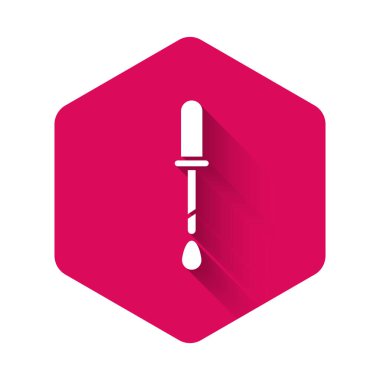 Beyaz Pipette simgesi uzun gölgeli izole edilmiş. Tıbbi elementler, kimya laboratuarı ekipmanları. Damlalı boru. Tıp sembolü. Pembe altıgen düğmesi. Vektör İllüstrasyonu