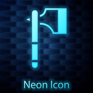 Parlayan neon ahşap balta ikonu tuğla duvar arka planında izole edilmiş. Oduncu baltası. Vektör