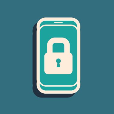 Yeşil arka planda kapalı asma kilit simgesine sahip yeşil akıllı telefon. Kilitli telefon. Gezici güvenlik, güvenlik, koruma konsepti. Uzun gölge tarzı. Vektör