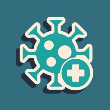 Yeşil Virüs simgesi yeşil arkaplanda izole edildi. Corona virüsü 2019-nCoV. Bakteri ve mikroplar, hücre kanseri, mikrop, mantar. Uzun gölge tarzı. Vektör.