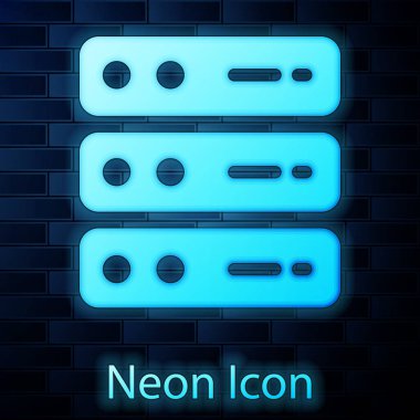 Parlayan neon sunucusu, Data, Web sunucu simgesi tuğla duvar arka planında izole edildi. Vektör