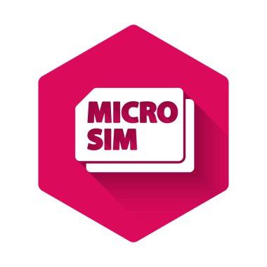 Beyaz Sim Kart simgesi uzun gölgeli izole edilmiş. Mobil ve kablosuz iletişim teknolojileri. Ağ çipi elektronik bağlantısı. Pembe altıgen düğmesi. Vektör