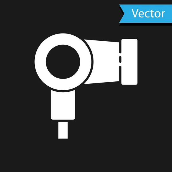 Secador de pelo blanco icono aislado sobre fondo negro. Señal de secador de pelo. Símbolo de secado. Soplando aire caliente. Ilustración vectorial — Vector de stock