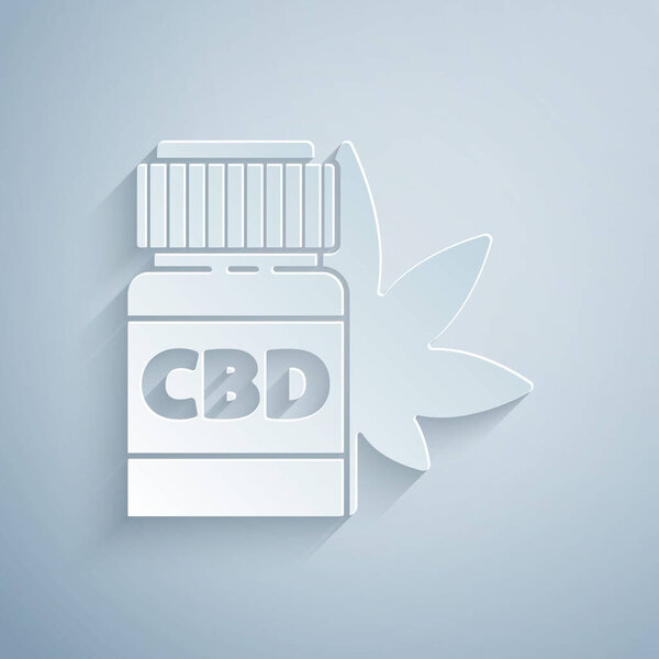 Бумага разрезанная медицинская бутылка с марихуаной или иконой листьев конопли изолированы на сером фоне. Изображение экстрактов масла конопли в банках. Бумажный стиль. Векторная миграция