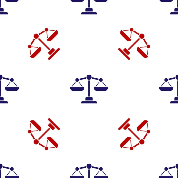 Blaue und rote Waagen der Gerechtigkeit Ikone isoliert nahtlose Muster auf weißem Hintergrund. Symbolbild Gericht. Gleichgewichtszeichen. Vektor. — Stockvektor
