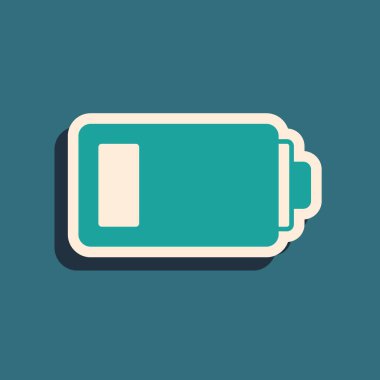 Yeşil Batarya şarj seviyesi gösterge simgesi yeşil arkaplanda izole edildi. Uzun gölge tarzı. Vektör