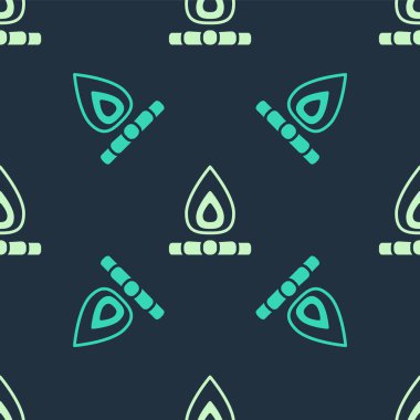 Yeşil ve bej kamp ateşi ikonu mavi arka planda izole edilmiş pürüzsüz desen. Odunla yanan şenlik ateşi. Vektör