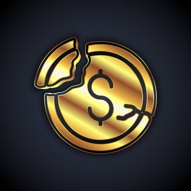 Altın Dolarlık Düşürme simgesi siyah arkaplanda izole edildi. Maliyet düşüşü. Aşağı ok ile para sembolü. İş kaybı kriz azalıyor. Vektör