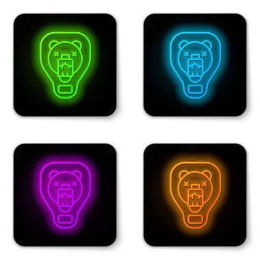 Parlayan neon hattı Ayı başı beyaz arkaplanda izole edilmiş bir kalkan simgesi üzerinde. Duvarda av kupası. Siyah kare düğme. Vektör