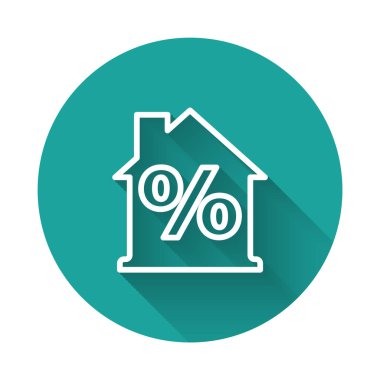 Uzun gölgeli, indirimli etiket simgesine sahip Beyaz Hat Evi. Emlak evi. Kredi yüzdesi sembolü. Yeşil daire düğmesi. Vektör