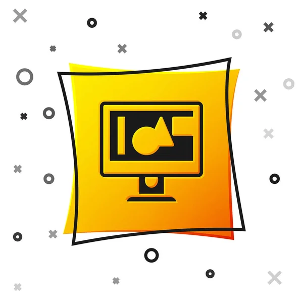 Icono de pantalla de monitor de computadora negra aislado sobre fondo blanco. Dispositivo electrónico. Vista frontal. Botón cuadrado amarillo. Vector — Archivo Imágenes Vectoriales