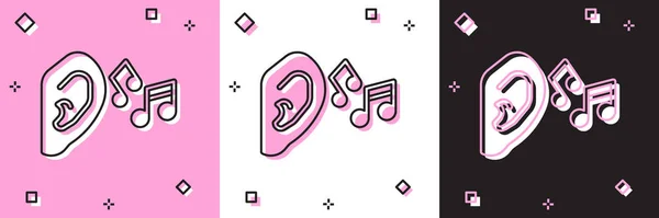 Stel oor luisteren geluidssignaal pictogram geïsoleerd op roze en wit, zwarte achtergrond. Oorverhoor. Vector — Stockvector