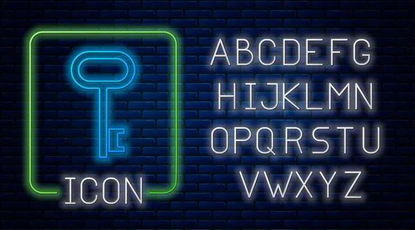 Świecący neon House ikona klucza izolowane na tle cegły ściany. Neonowy alfabet świetlny. Wektor — Wektor stockowy