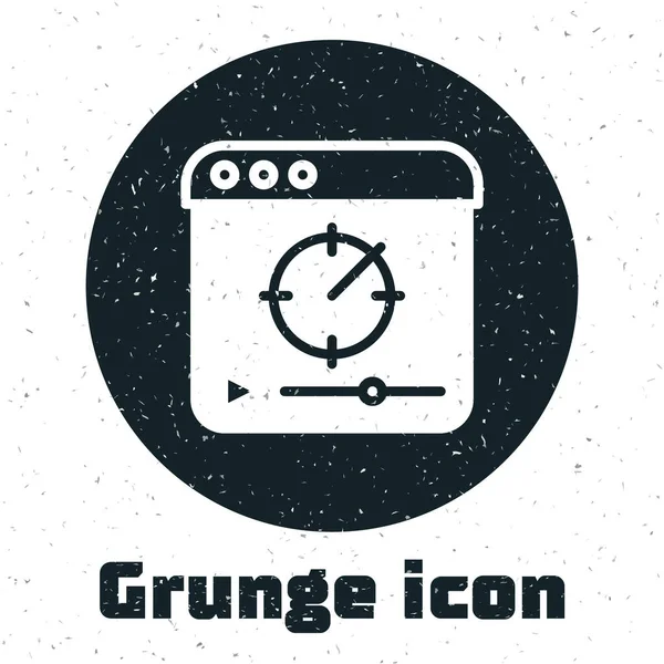 Grunge Online reproduzir ícone de vídeo isolado no fundo branco. Tira de filme com sinal de jogo. Desenho vintage monocromático. Vetor — Vetor de Stock