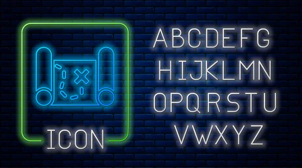 वीट भिंत पार्श्वभूमीवर वेगळे चमकणारा निऑन पायरेट खजिना नकाशा चिन्ह. निओन प्रकाश वर्णमाला. व्हेक्टर — स्टॉक व्हेक्टर