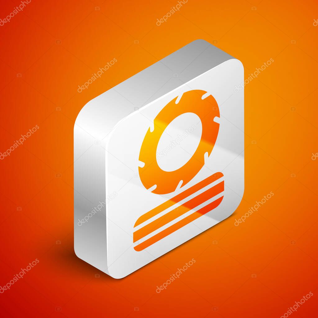 Isometric Lying burning tires icon isolated on orange background. Silver square button. Vector