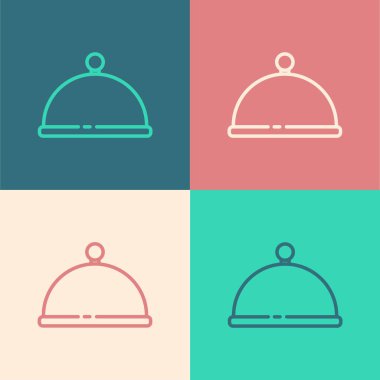 Popüler sanat çizgisi, arka planda izole edilmiş bir tepsi yemek ikonu ile kaplıdır. Tepsi ve kapak. Kapaklı bir restoran saati. Mutfak eşyaları sembolü. Vektör