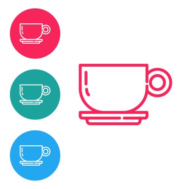 Kırmızı çizgi kahve fincanı simgesi beyaz arkaplanda izole edilmiş. Çay fincanı. Sıcak içecek kahvesi. Simgeleri daire düğmelerine ayır. Vektör