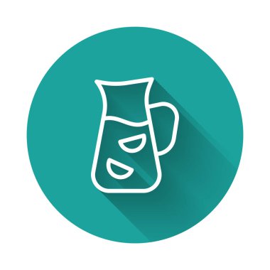 Beyaz çizgi Sangria ikonu uzun gölgeli izole edilmiş. Geleneksel İspanyol içkisi. Yeşil daire düğmesi. Vektör