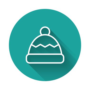 Uzun gölgeli beyaz çizgi Beanie şapka ikonu. Yeşil daire düğmesi. Vektör