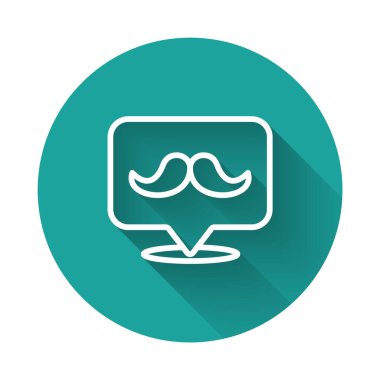 Beyaz çizgi bıyık simgesi uzun gölge arkaplanı ile izole edildi. Berber dükkanı sembolü. Yüz kılı stili. Yeşil daire düğmesi. Vektör