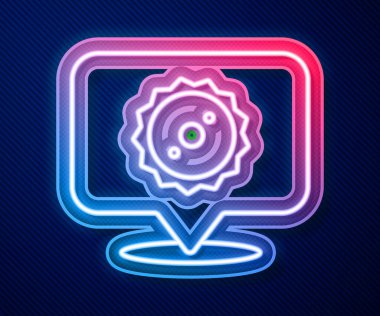 Parlayan neon çizgisi dairesel testere bıçak ikonu mavi arka planda izole edildi. Testere tekerleği. Vektör