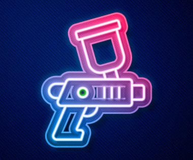 Parlak neon hattı sprey tabanca ikonu mavi arkaplanda izole edildi. Vektör