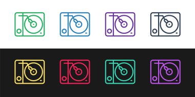 Siyah ve beyaz arkaplanda izole edilmiş vinil disk simgesine sahip çizgi Vinil oynatıcıyı ayarla. Vektör