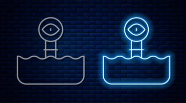 Su ikonunun üstündeki dalgalarda parlayan neon hattı Periscope tuğla duvar arkasında izole edildi. Vektör