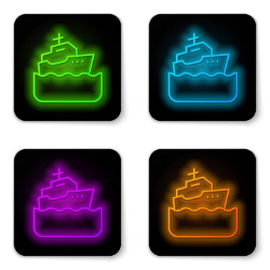 Parlayan neon hattı seyahat gemisi simgesi beyaz arka planda izole edildi. Seyahat turizmi deniz taşımacılığı. Yolcu gemisi, yolcu gemisi. Dünya çapında bir gezi. Siyah kare düğme. Vektör