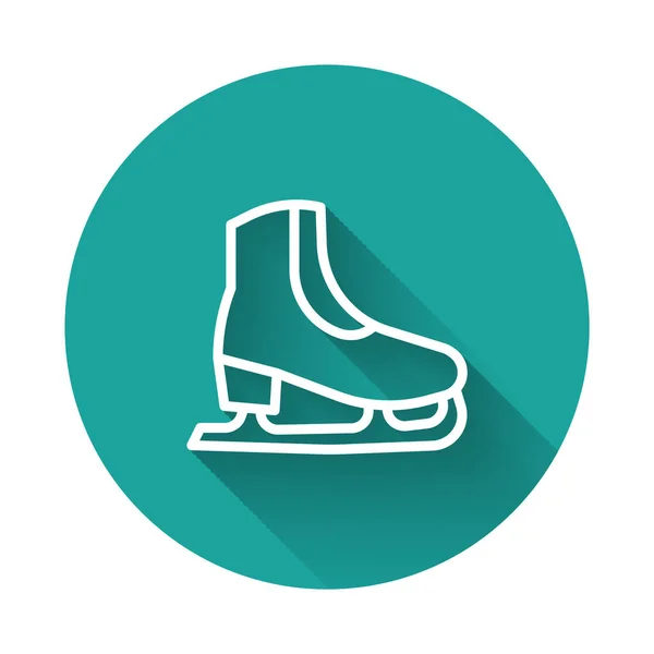 White line Skates icon isolated with long shadow. Ice skate shoes icon. Sport boots with blades. Green circle button. Vector — Stock Vector