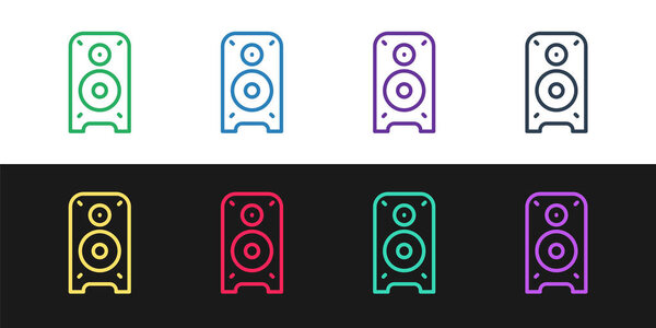 Set line Stereo speaker icon isolated on black and white background. Sound system speakers. Music icon. Musical column speaker bass equipment. Vector