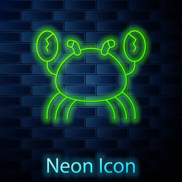 Gloeiende neon lijn Krab pictogram geïsoleerd op baksteen muur achtergrond. Vector — Stockvector