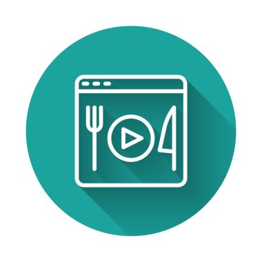 Beyaz çizgi yemek pişirme ikonu uzun gölge arkaplan izole. Yeşil daire düğmesi. Vektör